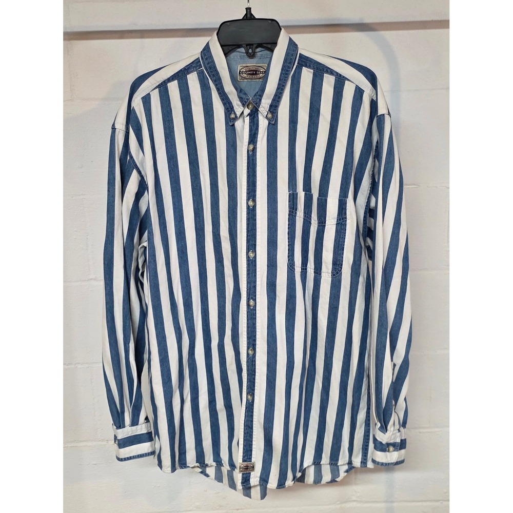 Vintage 90s County Seat Jeanswear Mens L Blue White Striped Denim Button Shirt